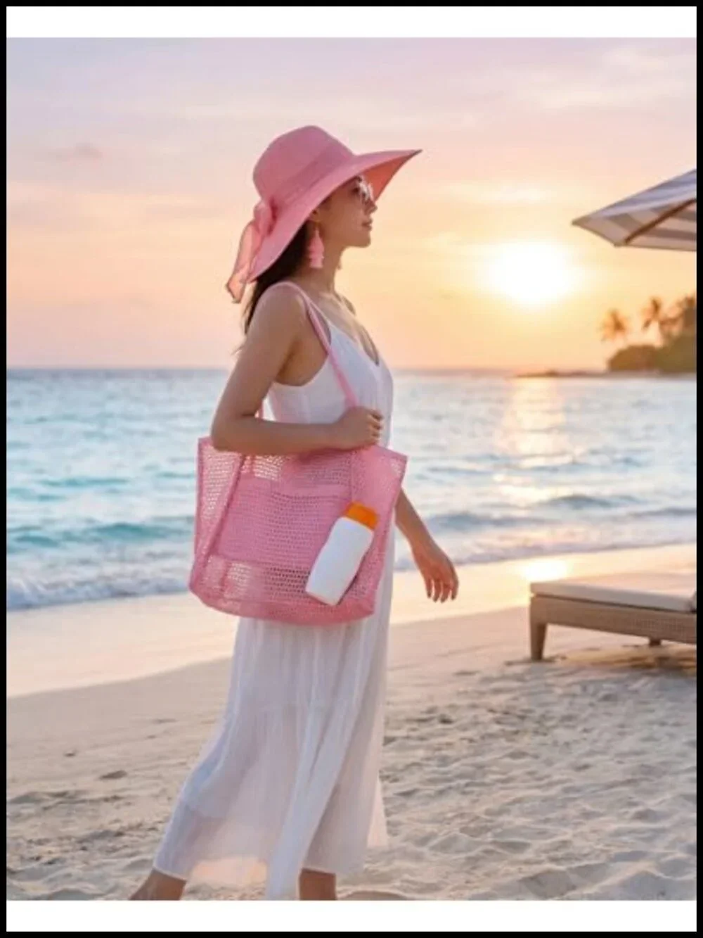 Summer Beach Accessories Set - Straw Hat, Mesh Tote, Sunglasses, Earrings